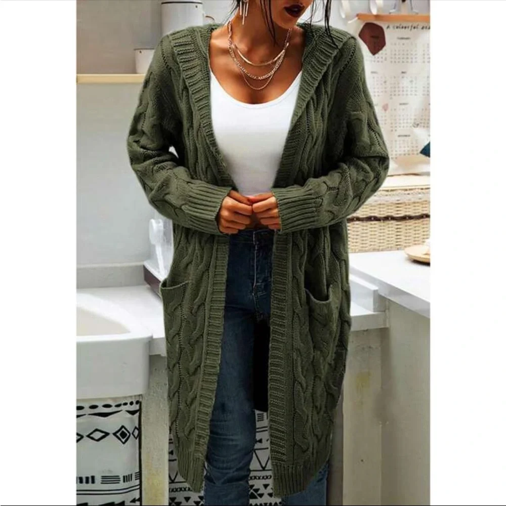 Luxe Cable Knit Long Sleeve Sweater Cardigan Open Front Pocket Hooded Hood - Picture 16 of 16